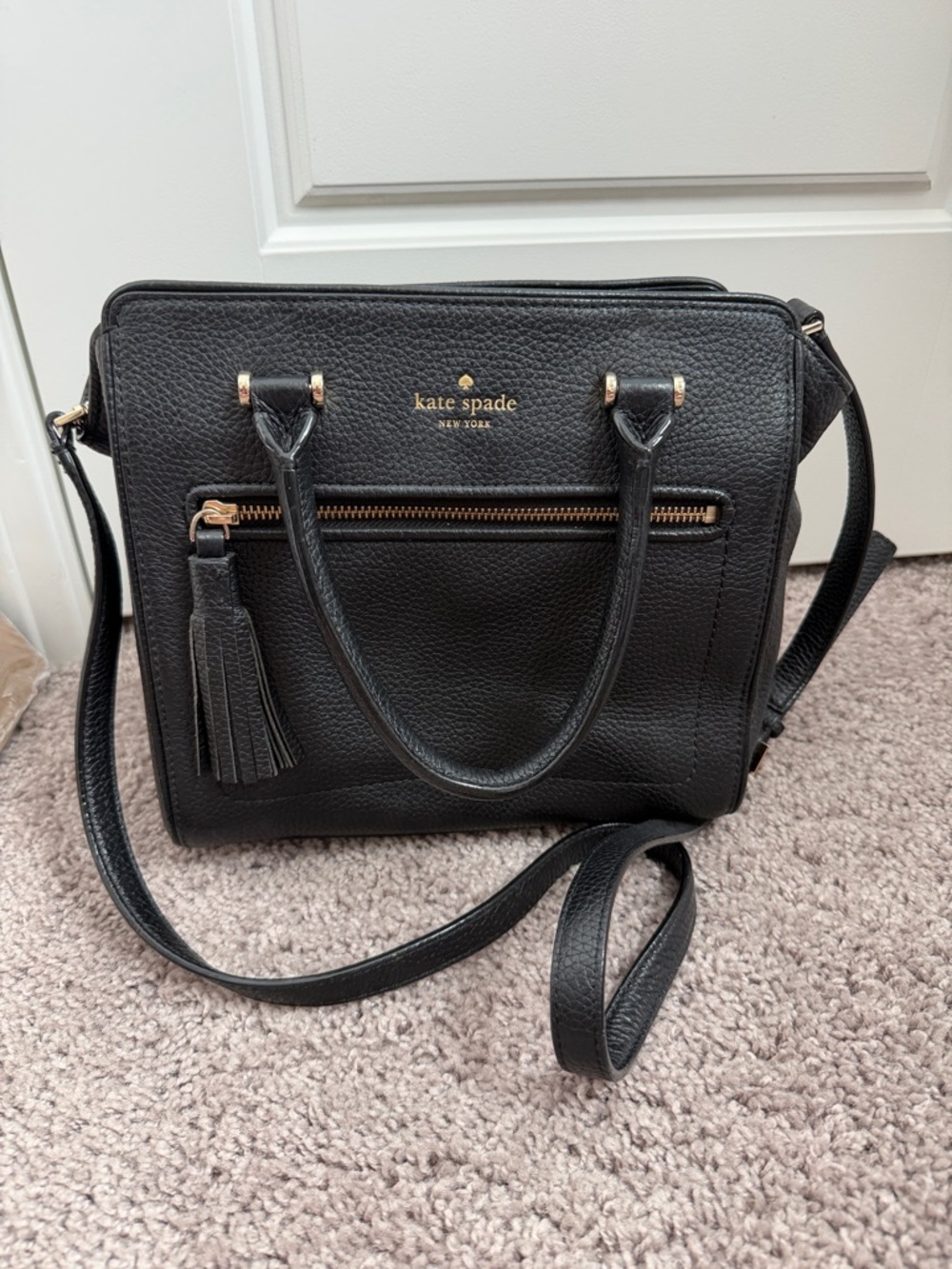 kate spade Black Pebbled Leather Satchel purse with Tassel